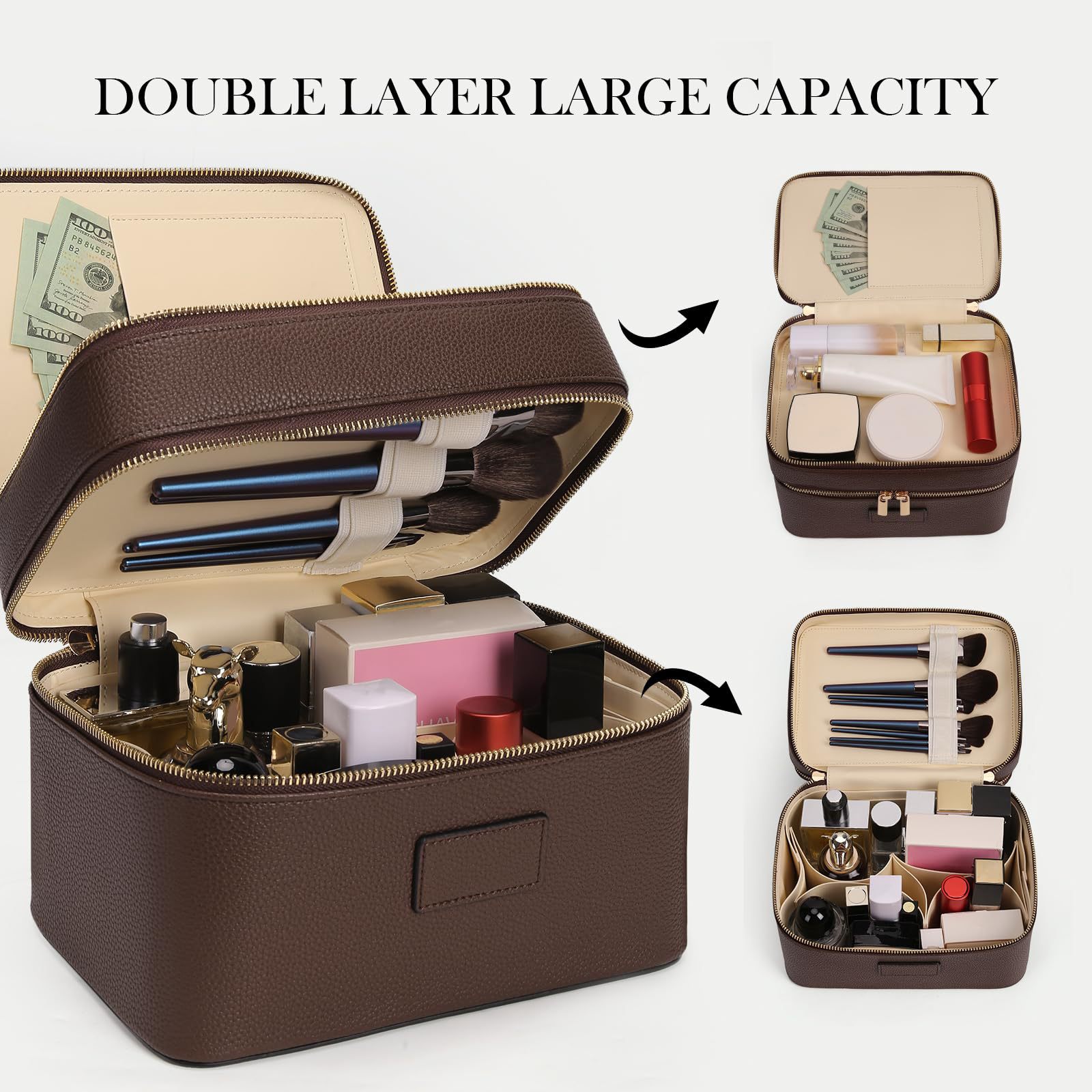 กระเป๋าเครื่องสำอางค์สองชั้นขน - Luxury Bags Leather บทวิจารณ์และราคา